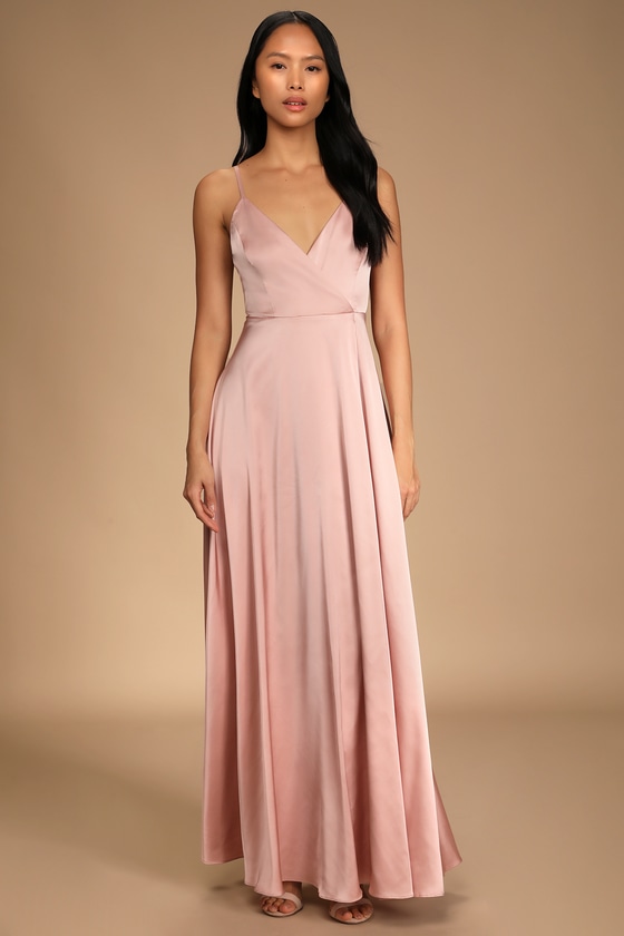 Blush Pink Satin Dress - Surplice Gown ...
